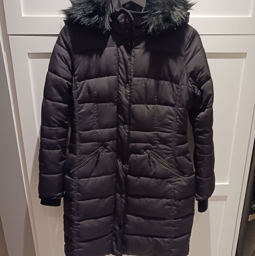 New Black Long Puffer Coat w. Fur Hood - Picture 2 of 14